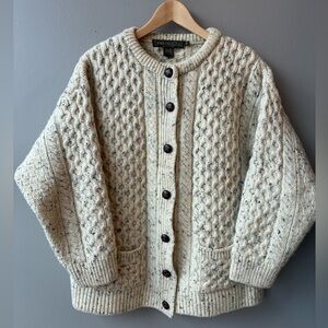 Inis Crafts Irish Chunky Cream Cable Knit Button-Front Fisherman’s Sweater, M